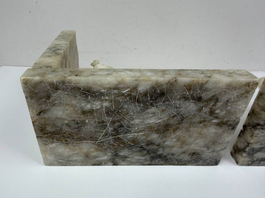 Hand-Carved Alabaster Or Marble Sculptures After Michelangelo's Allegories Dusk And Dawn From The Tomb Of Lorenzo De' Medici In Florence 15'W X 4'D X 6'H (One Bookend Has Been Repaired) (RSF) [Photo 12]