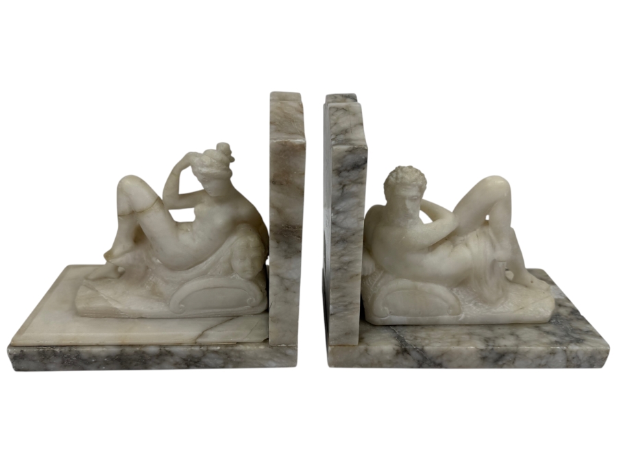 Hand-Carved Alabaster Or Marble Sculptures After Michelangelo's Allegories Dusk And Dawn From The Tomb Of Lorenzo De' Medici In Florence 15'W X 4'D X 6'H (One Bookend Has Been Repaired) (RSF)