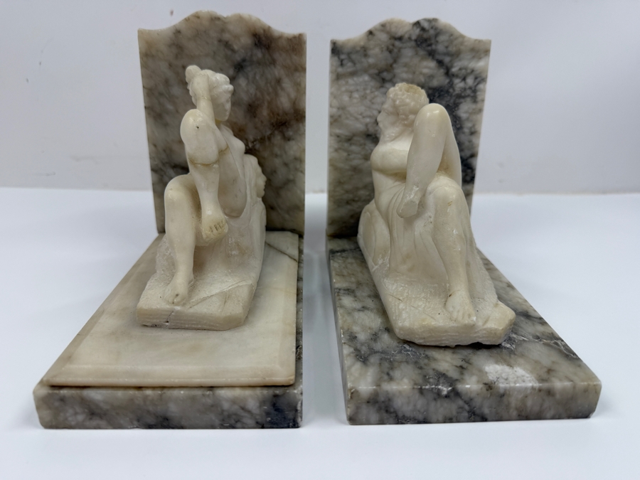 Hand-Carved Alabaster Or Marble Sculptures After Michelangelo's Allegories Dusk And Dawn From The Tomb Of Lorenzo De' Medici In Florence 15'W X 4'D X 6'H (One Bookend Has Been Repaired) (RSF) [Photo 8]