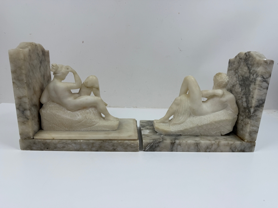 Hand-Carved Alabaster Or Marble Sculptures After Michelangelo's Allegories Dusk And Dawn From The Tomb Of Lorenzo De' Medici In Florence 15'W X 4'D X 6'H (One Bookend Has Been Repaired) (RSF) [Photo 9]