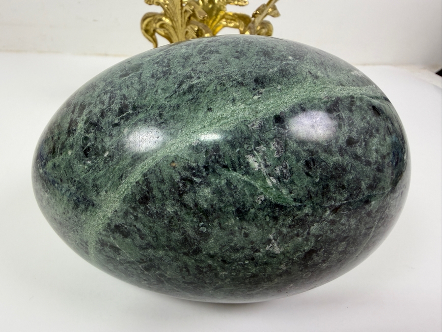 Decorative Green Marble Stone Egg Sculpture Displayed On A Brass 'Fleur-De-Lis' Tripod Stand 8.5'H (RSF) [Photo 6]