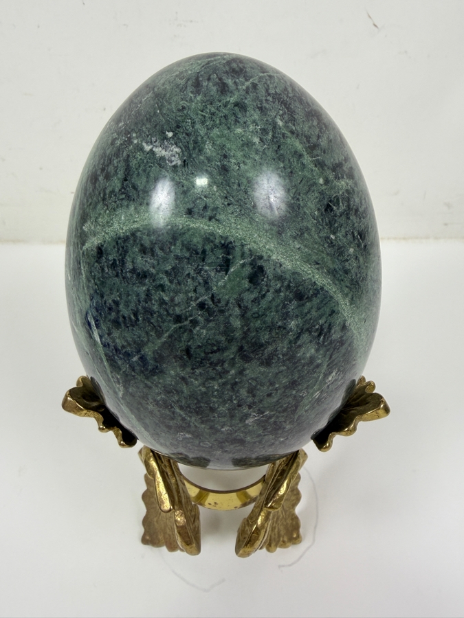 Decorative Green Marble Stone Egg Sculpture Displayed On A Brass 'Fleur-De-Lis' Tripod Stand 8.5'H (RSF) [Photo 5]