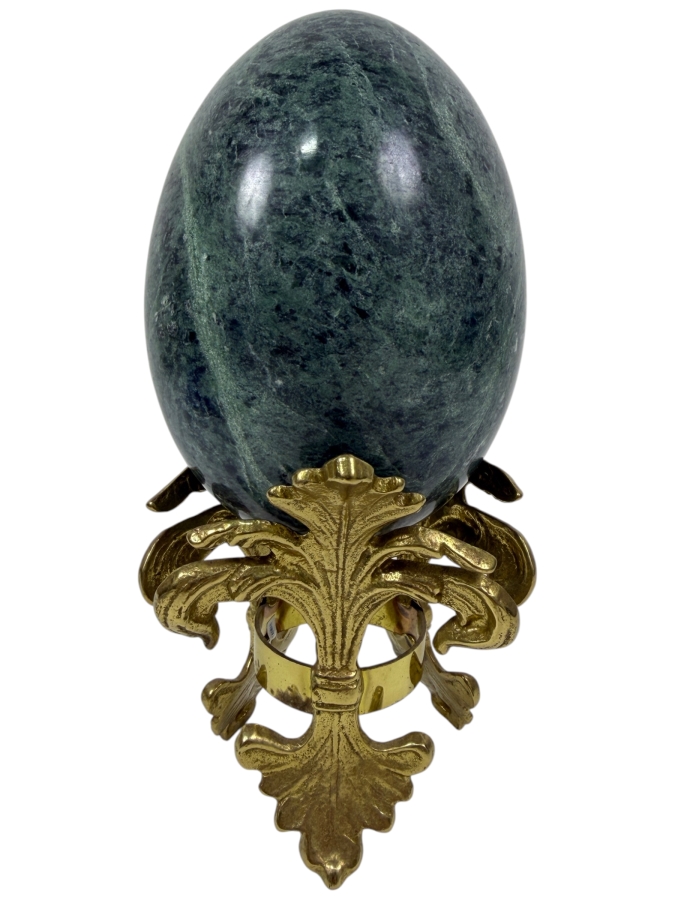 Decorative Green Marble Stone Egg Sculpture Displayed On A Brass 'Fleur-De-Lis' Tripod Stand 8.5'H (RSF)
