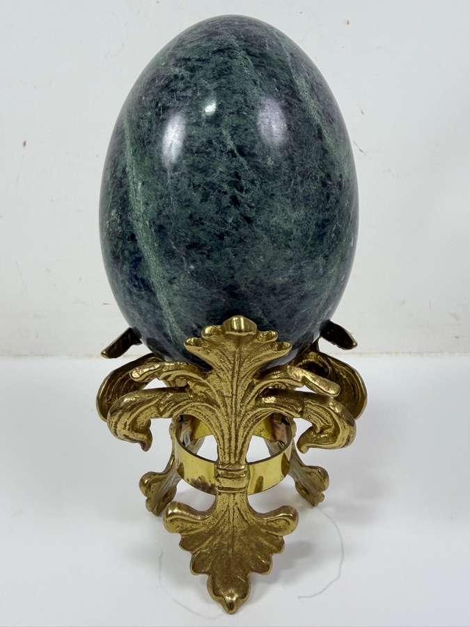 Decorative Green Marble Stone Egg Sculpture Displayed On A Brass 'Fleur-De-Lis' Tripod Stand 8.5'H (RSF) [Photo 2]