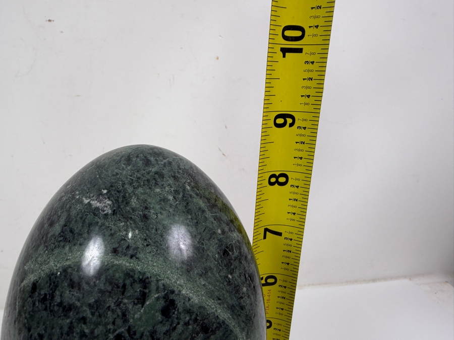 Decorative Green Marble Stone Egg Sculpture Displayed On A Brass 'Fleur-De-Lis' Tripod Stand 8.5'H (RSF) [Photo 7]