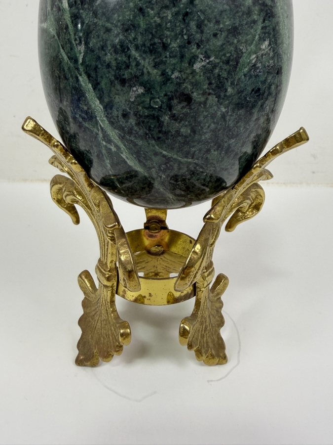 Decorative Green Marble Stone Egg Sculpture Displayed On A Brass 'Fleur-De-Lis' Tripod Stand 8.5'H (RSF) [Photo 4]