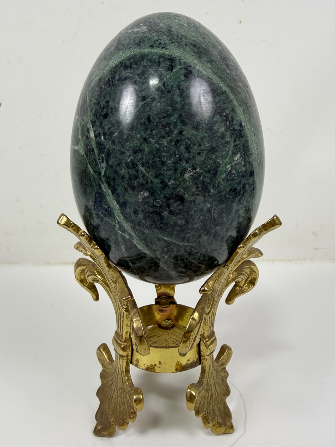 Decorative Green Marble Stone Egg Sculpture Displayed On A Brass 'Fleur-De-Lis' Tripod Stand 8.5'H (RSF) [Photo 3]