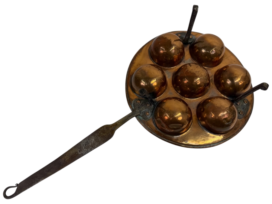 Vintage Copper Pan For Cooking Scandinavian Æbleskiver (Donut Holes) Or French Escargot (Snails) 11.5'W X 23'L (RSF)
