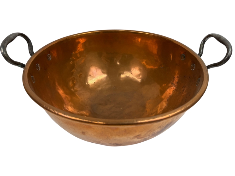 Vintage Gebruder Schwabenland German Hand Wrought Copper Bowl Pot With Wrought Iron Handles Mannheim Berlin-Zurich 17W X 9H (RSF)