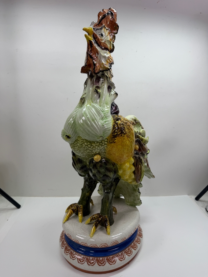 Stunning Large Vintage Italian Majolica Hand Painted Ceramic Vegetable Rooster Figurine With K33 Mark 27'H (RSF) [Photo 5]