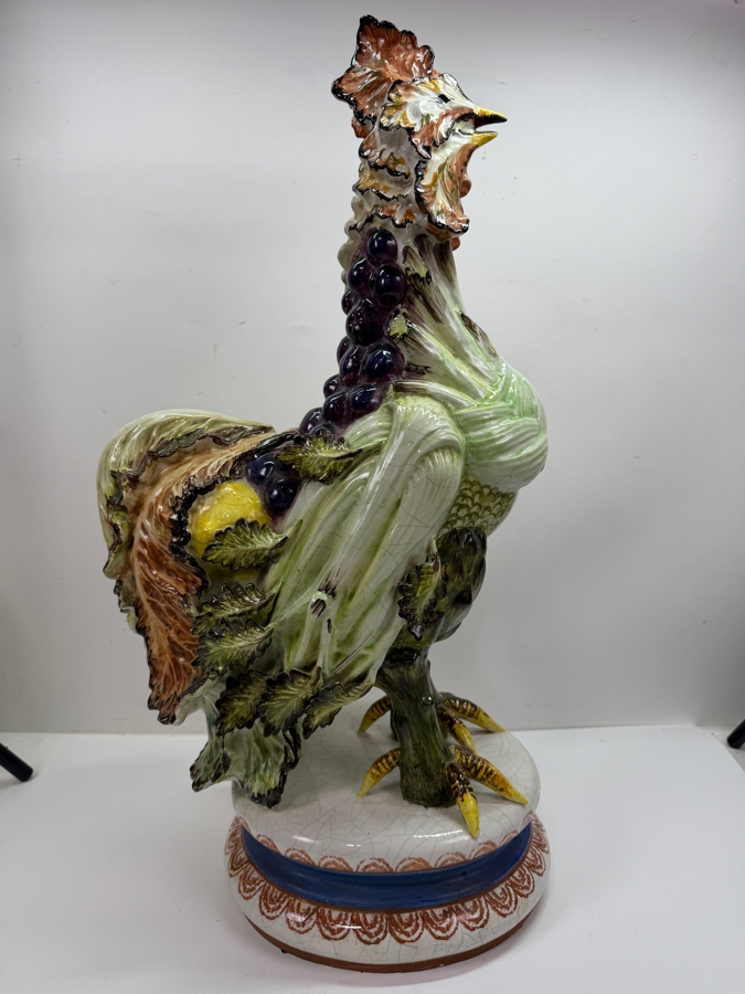 Stunning Large Vintage Italian Majolica Hand Painted Ceramic Vegetable Rooster Figurine With K33 Mark 27'H (RSF) [Photo 6]