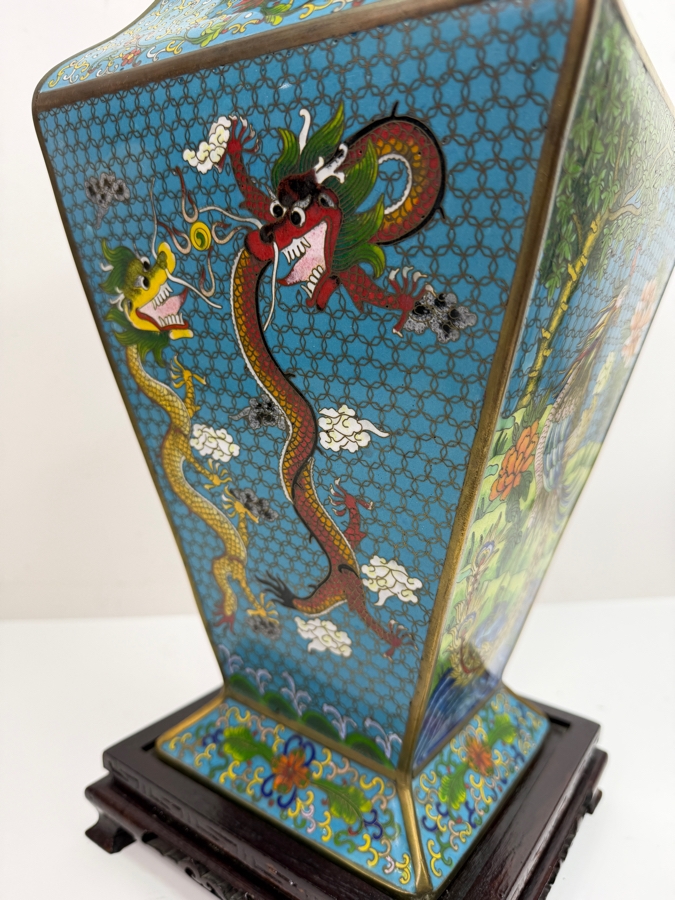 Hexagonal Chinese Cloisonne Vase Decorated With Dragon And Peacock Motifs On Wooden Stand 17'H (RSF) [Photo 14]
