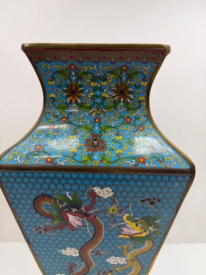 Hexagonal Chinese Cloisonne Vase Decorated With Dragon And Peacock Motifs On Wooden Stand 17'H (RSF) [Photo 5]