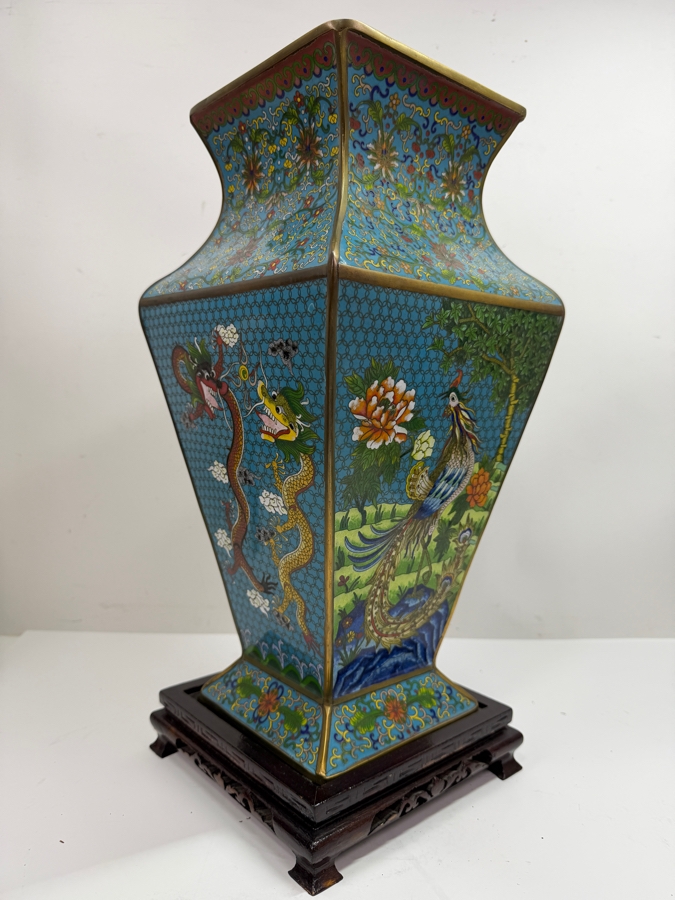 Hexagonal Chinese Cloisonne Vase Decorated With Dragon And Peacock Motifs On Wooden Stand 17'H (RSF) [Photo 7]