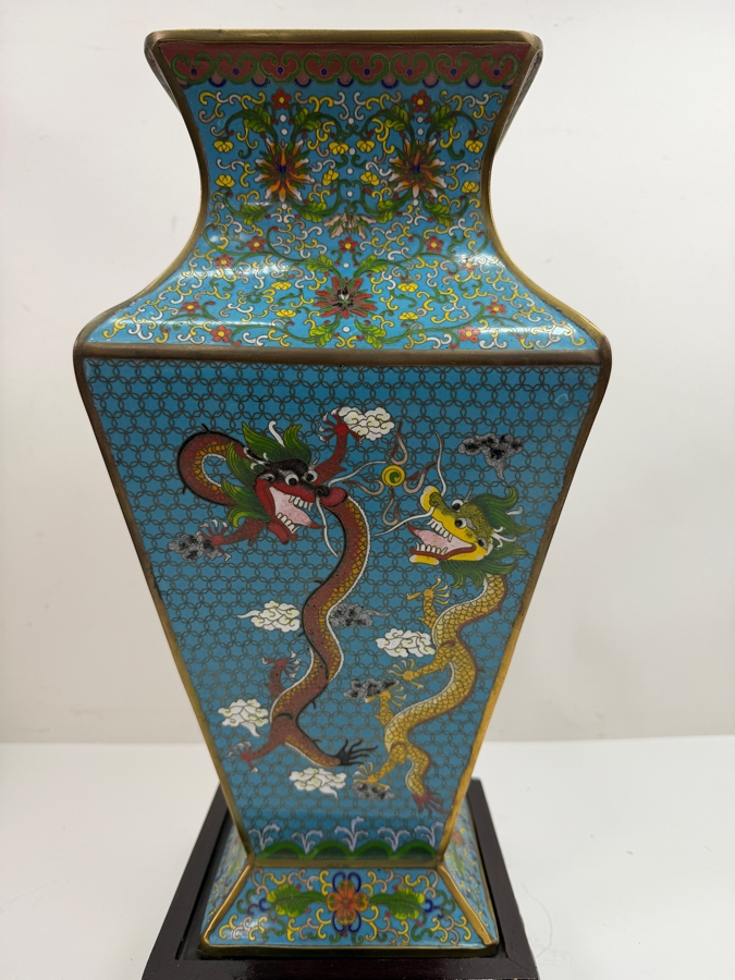 Hexagonal Chinese Cloisonne Vase Decorated With Dragon And Peacock Motifs On Wooden Stand 17'H (RSF) [Photo 3]