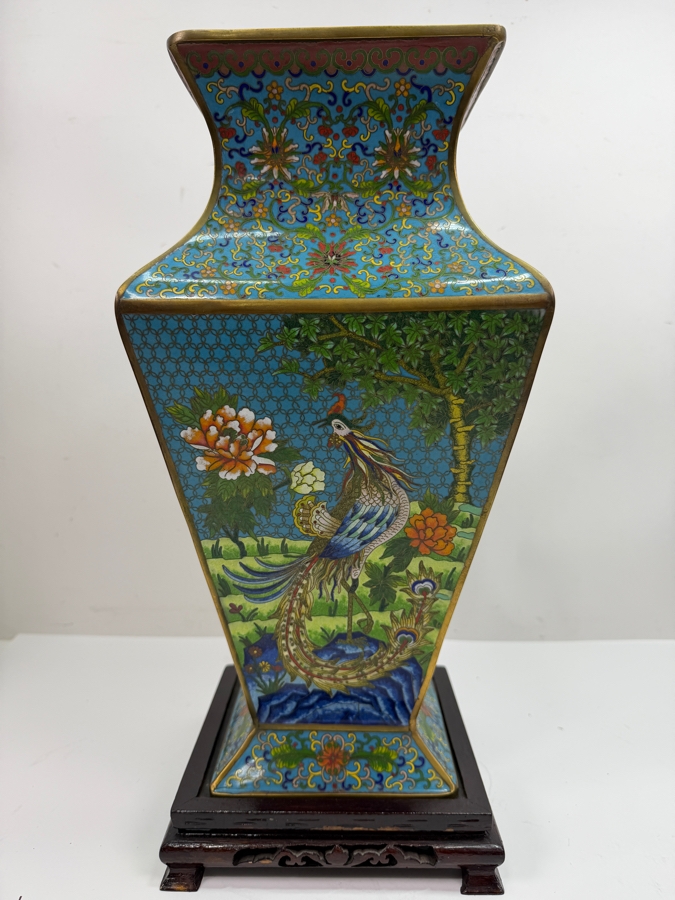Hexagonal Chinese Cloisonne Vase Decorated With Dragon And Peacock Motifs On Wooden Stand 17'H (RSF) [Photo 8]