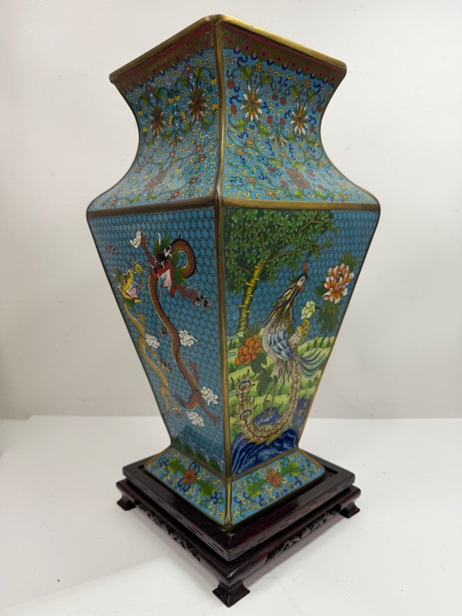 Hexagonal Chinese Cloisonne Vase Decorated With Dragon And Peacock Motifs On Wooden Stand 17'H (RSF) [Photo 13]