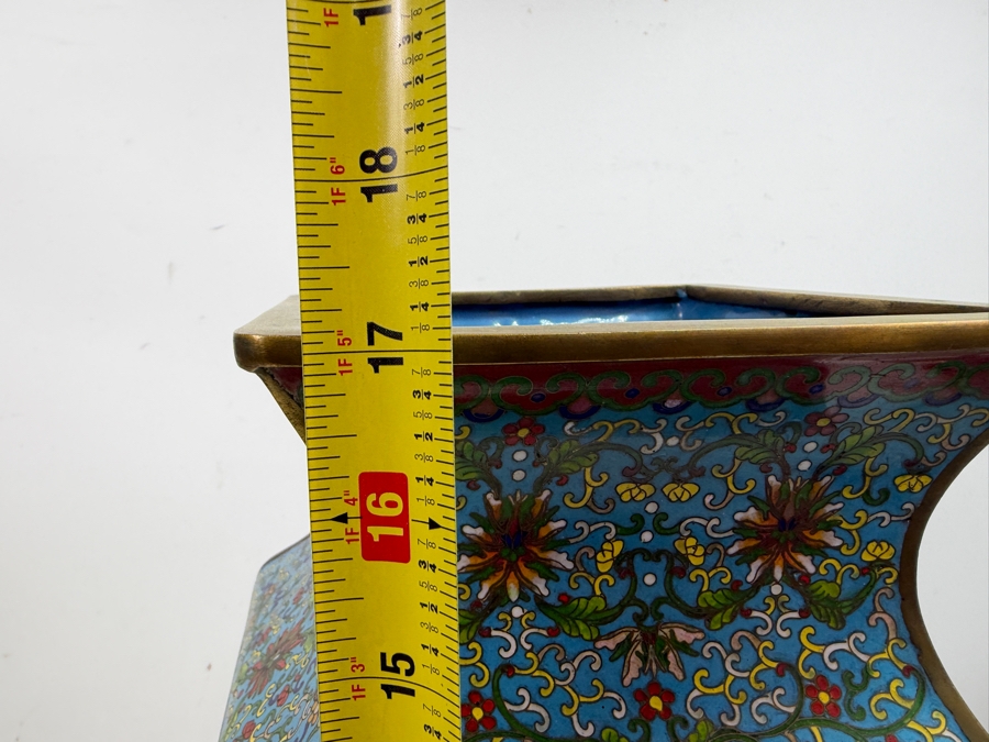 Hexagonal Chinese Cloisonne Vase Decorated With Dragon And Peacock Motifs On Wooden Stand 17'H (RSF) [Photo 18]