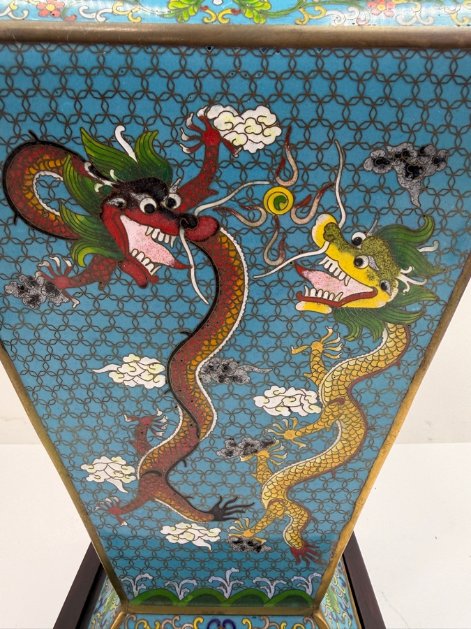 Hexagonal Chinese Cloisonne Vase Decorated With Dragon And Peacock Motifs On Wooden Stand 17'H (RSF) [Photo 4]