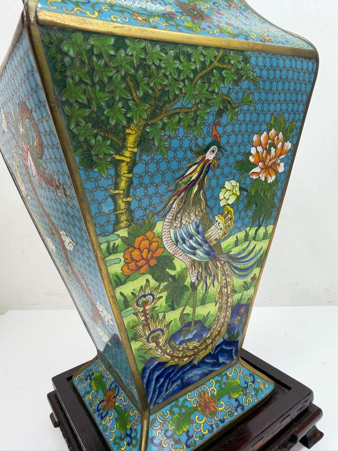 Hexagonal Chinese Cloisonne Vase Decorated With Dragon And Peacock Motifs On Wooden Stand 17'H (RSF) [Photo 15]
