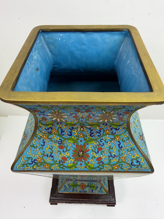 Hexagonal Chinese Cloisonne Vase Decorated With Dragon And Peacock Motifs On Wooden Stand 17'H (RSF) [Photo 12]