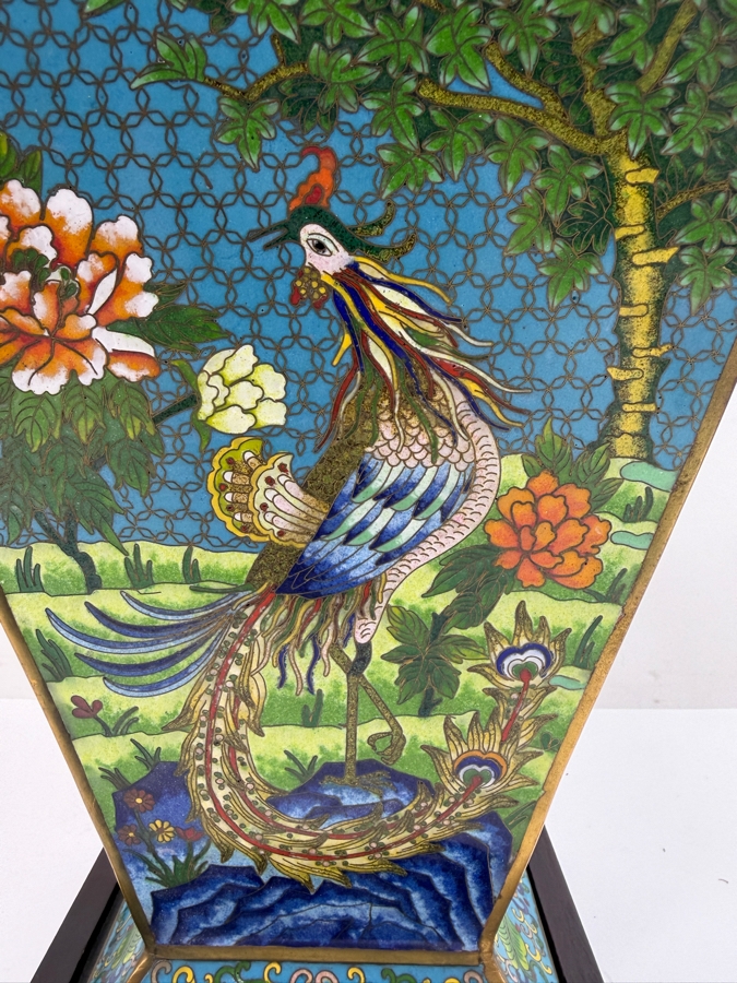 Hexagonal Chinese Cloisonne Vase Decorated With Dragon And Peacock Motifs On Wooden Stand 17'H (RSF) [Photo 9]