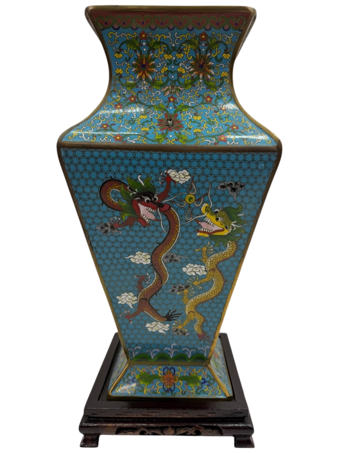 Hexagonal Chinese Cloisonne Vase Decorated With Dragon And Peacock Motifs On Wooden Stand 17'H (RSF) [Photo 2]