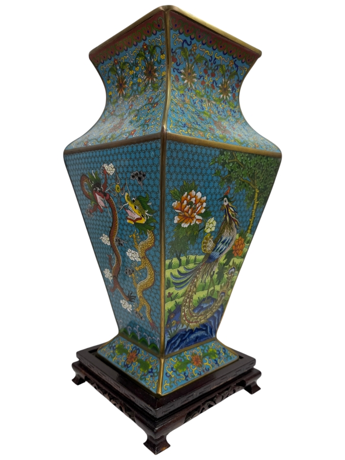 Hexagonal Chinese Cloisonne Vase Decorated With Dragon And Peacock Motifs On Wooden Stand 17'H (RSF)