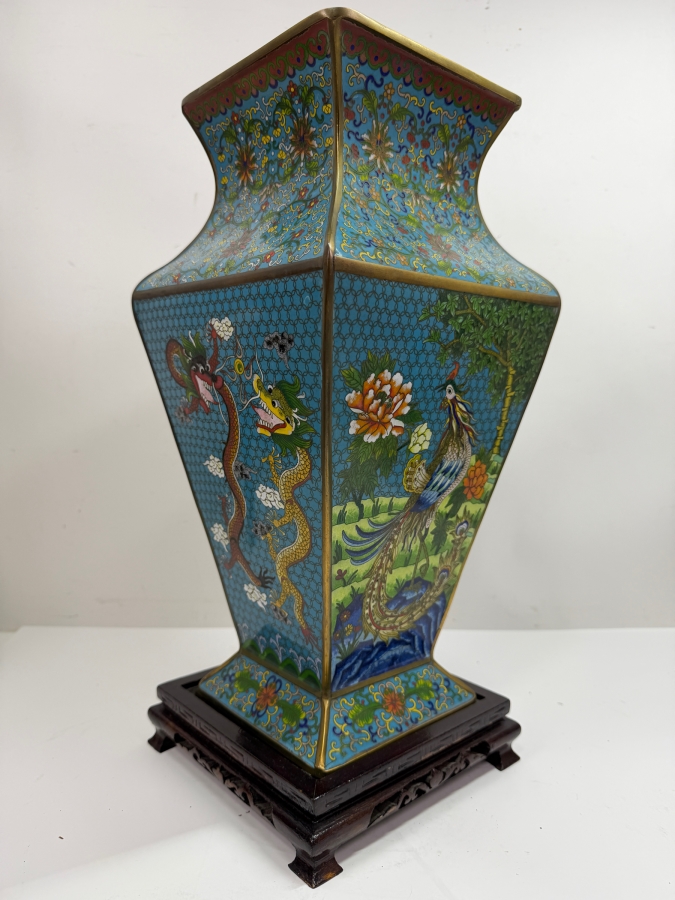 Hexagonal Chinese Cloisonne Vase Decorated With Dragon And Peacock Motifs On Wooden Stand 17'H (RSF) [Photo 19]