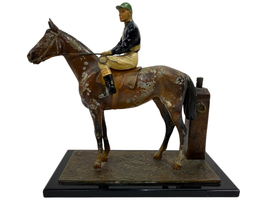 Antique Austrian Cold-Painted Spelter Equestrian Table Lighter And Match Striker With Racehorse And Jockey Figurine On Plinth Base, Circa 1910-1915 7'W X 3'D X 7'H (RSF)