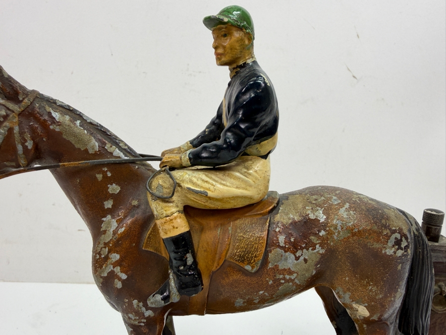 Antique Austrian Cold-Painted Spelter Equestrian Table Lighter And Match Striker With Racehorse And Jockey Figurine On Plinth Base, Circa 1910-1915 7'W X 3'D X 7'H (RSF) [Photo 3]