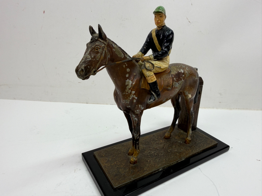 Antique Austrian Cold-Painted Spelter Equestrian Table Lighter And Match Striker With Racehorse And Jockey Figurine On Plinth Base, Circa 1910-1915 7'W X 3'D X 7'H (RSF) [Photo 6]