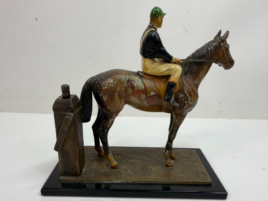 Antique Austrian Cold-Painted Spelter Equestrian Table Lighter And Match Striker With Racehorse And Jockey Figurine On Plinth Base, Circa 1910-1915 7'W X 3'D X 7'H (RSF) [Photo 7]