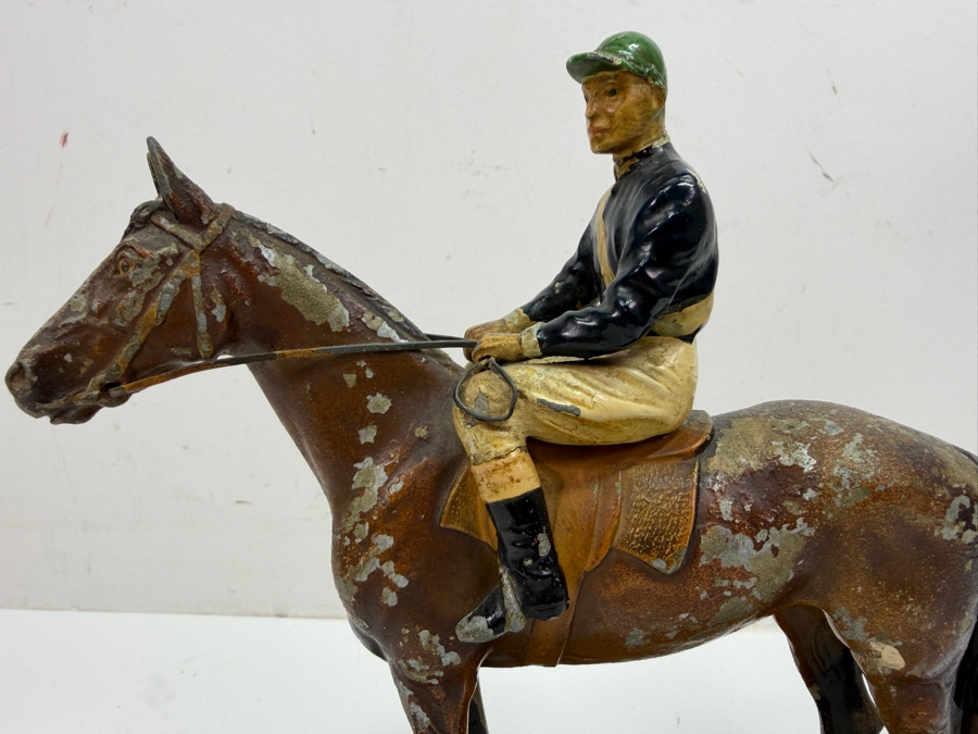 Antique Austrian Cold-Painted Spelter Equestrian Table Lighter And Match Striker With Racehorse And Jockey Figurine On Plinth Base, Circa 1910-1915 7'W X 3'D X 7'H (RSF) [Photo 2]
