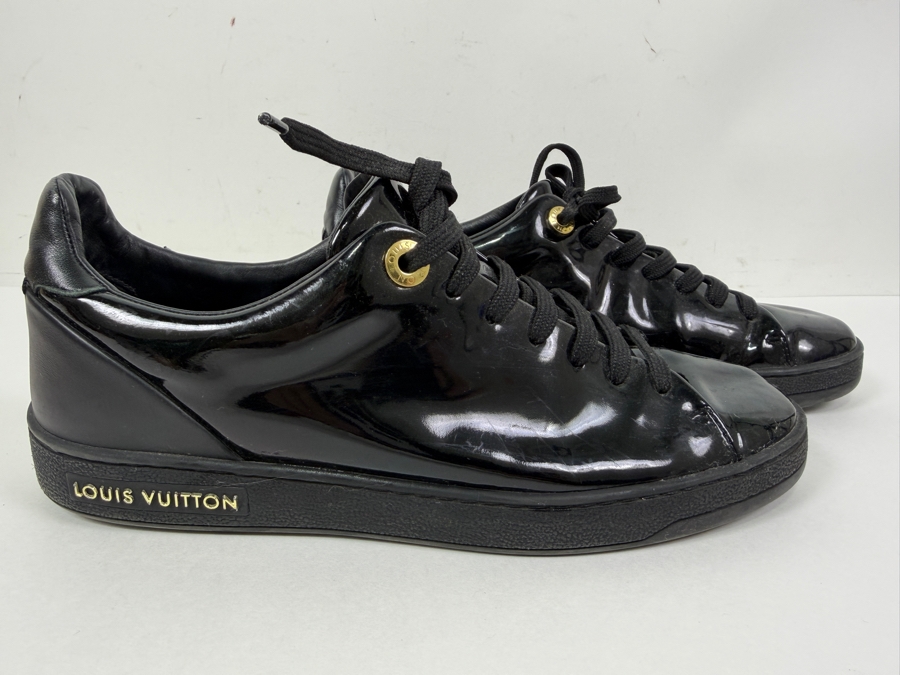 Authentic Louis Vuitton Frontrow Sneakers In Black Patent Leather With Gold Accents Size 36 (HA) [Photo 2]