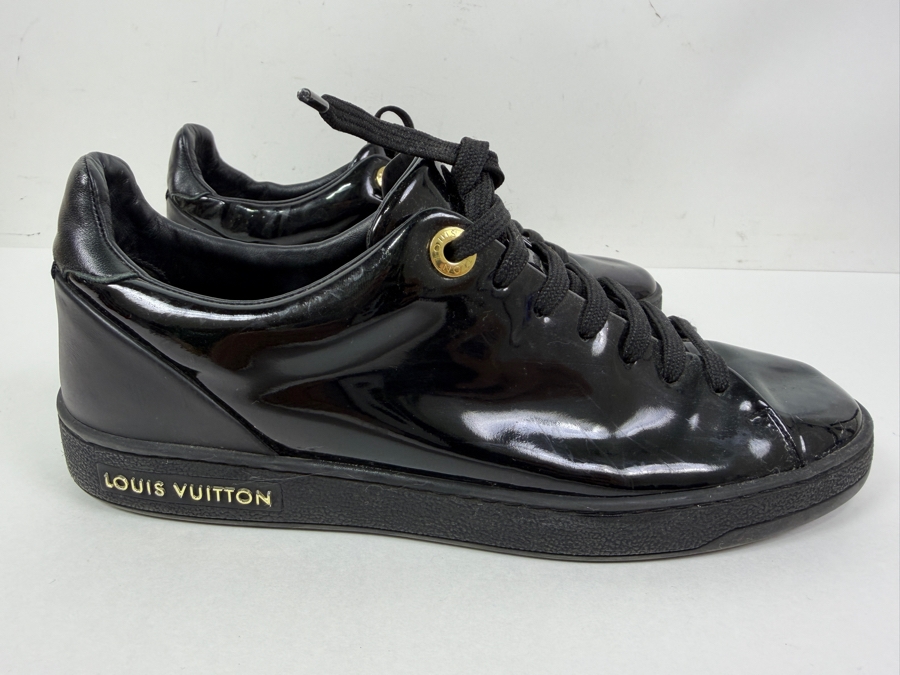 Authentic Louis Vuitton Frontrow Sneakers In Black Patent Leather With Gold Accents Size 36 (HA) [Photo 4]