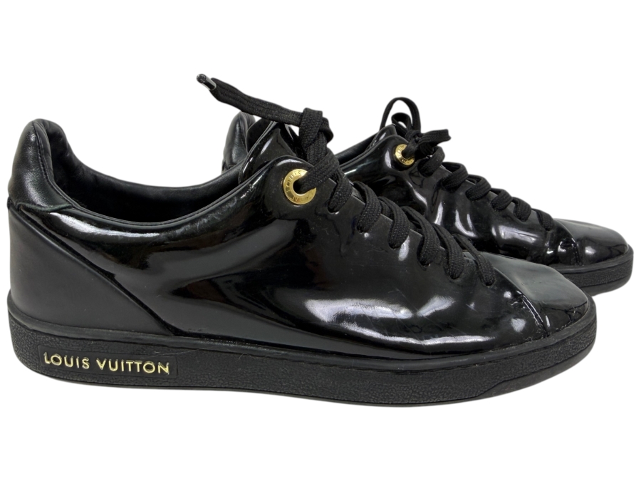 Authentic Louis Vuitton Frontrow Sneakers In Black Patent Leather With Gold Accents Size 36 (HA)
