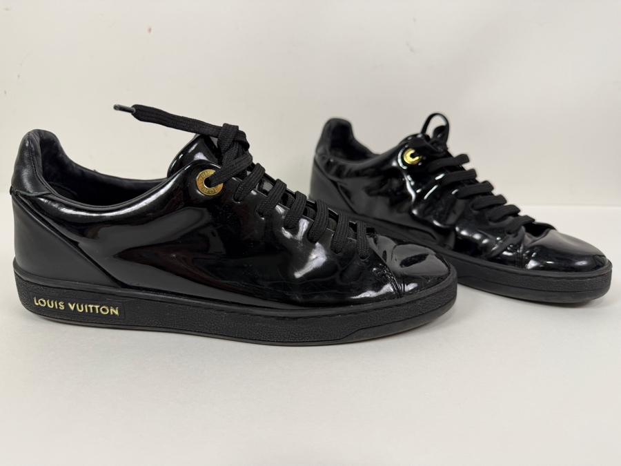 Authentic Louis Vuitton Frontrow Sneakers In Black Patent Leather With Gold Accents Size 36 (HA) [Photo 3]