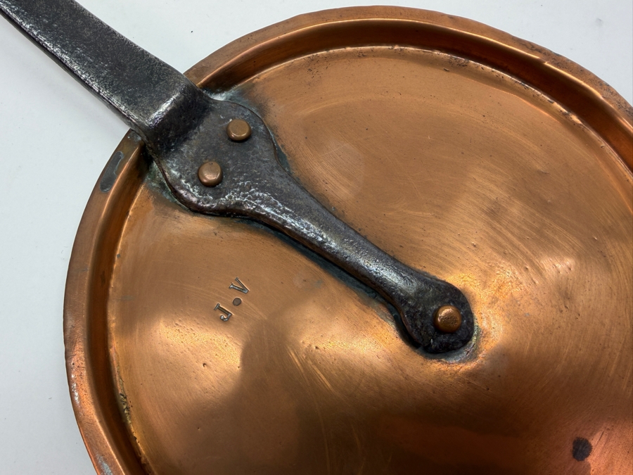 Antique Copper Lid With Wrought Iron Handle Stamped 'J. V.' 8.5W X 13.5L (RSF) [Photo 2]