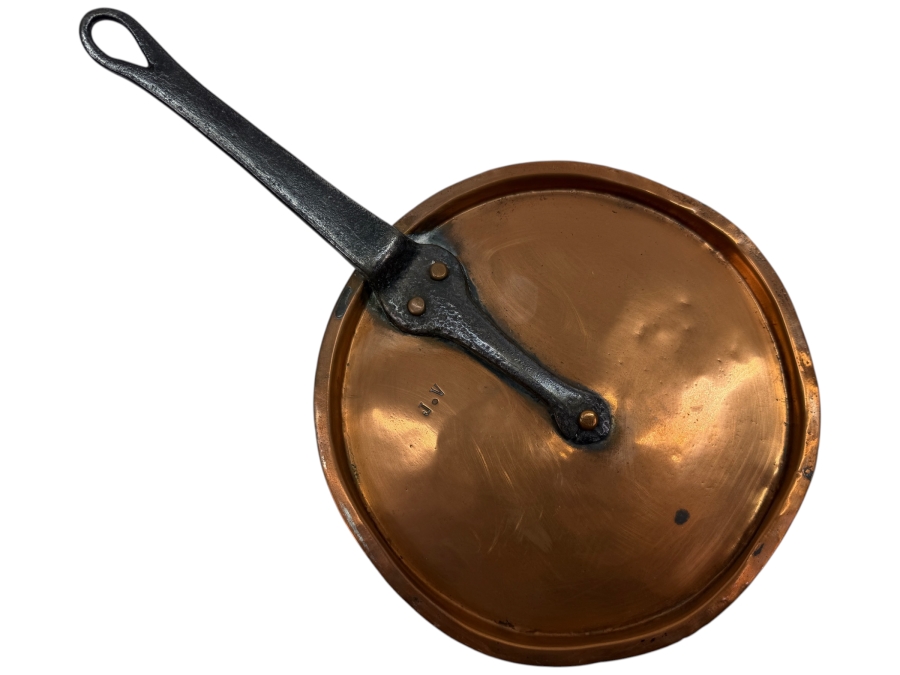 Antique Copper Lid With Wrought Iron Handle Stamped 'J. V.' 8.5W X 13.5L (RSF)