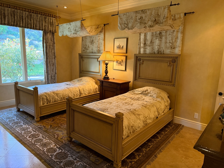 Pair Of Wooden Twin Beds With Scalamandre Voyage En Chine Bedding And Bed Canopy 47'W X 64.5'H X 88'L [Photo 3]