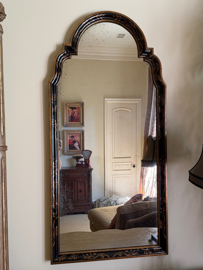 Pair Of Vintage Arched Chinoiserie Antiqued Wall Mirrors 27'W X 55'H
