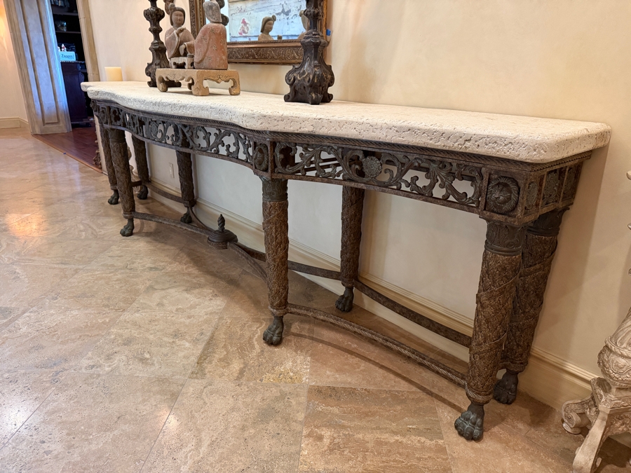 Stunning Huge Maitland-Smith Travertine Top Bronze Console Table 141'W X 26'D X 38'H [Photo 4]
