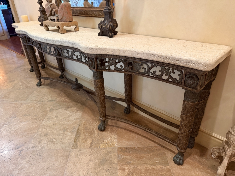 Stunning Huge Maitland-Smith Travertine Top Bronze Console Table 141'W X 26'D X 38'H [Photo 5]