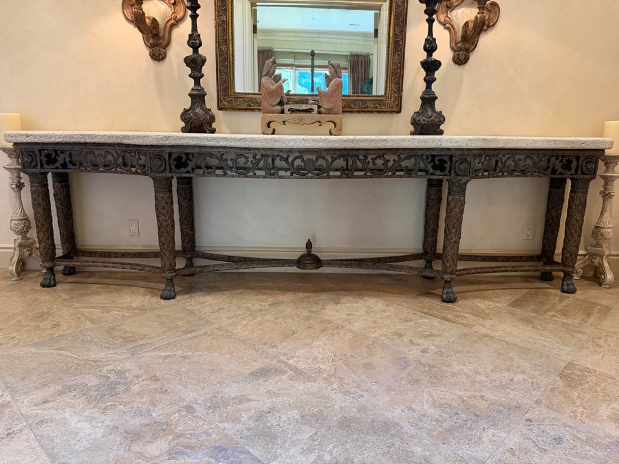 Stunning Huge Maitland-Smith Travertine Top Bronze Console Table 141'W X 26'D X 38'H [Photo 2]