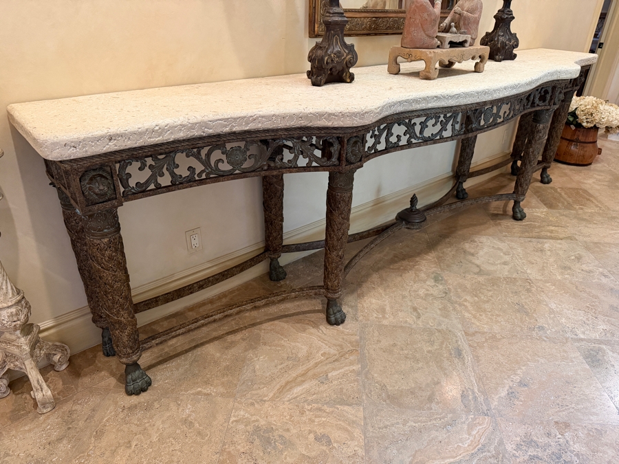 Stunning Huge Maitland-Smith Travertine Top Bronze Console Table 141'W X 26'D X 38'H [Photo 12]