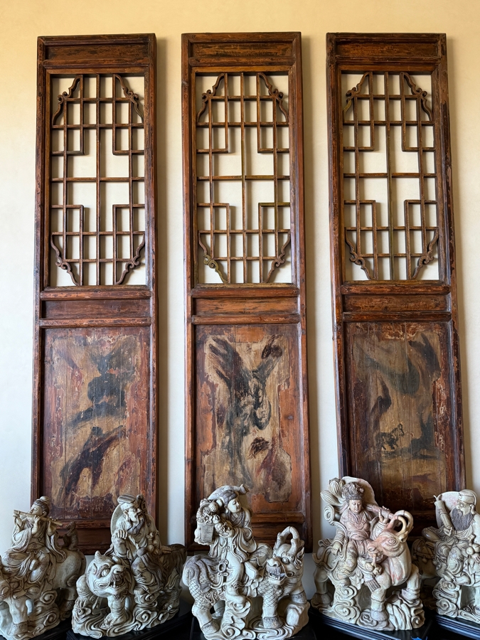 Large Antique Chinese Wooden Screen Panels (Does Not Include Carved Sculptures At Base Of Panels) 25'W X 106'H X 2.5'D [Photo 2]