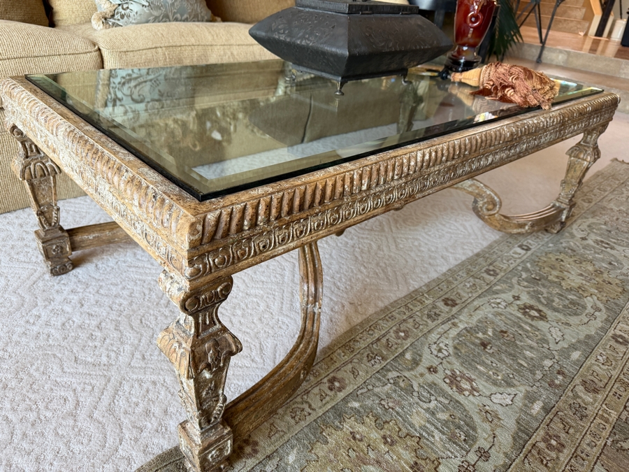 Baroque Style Glass Top Cocktail Table With Wooden Base 59W X 31D X 20.5H [Photo 5]