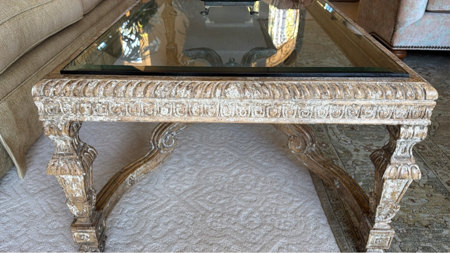 Baroque Style Glass Top Cocktail Table With Wooden Base 59W X 31D X 20.5H [Photo 6]