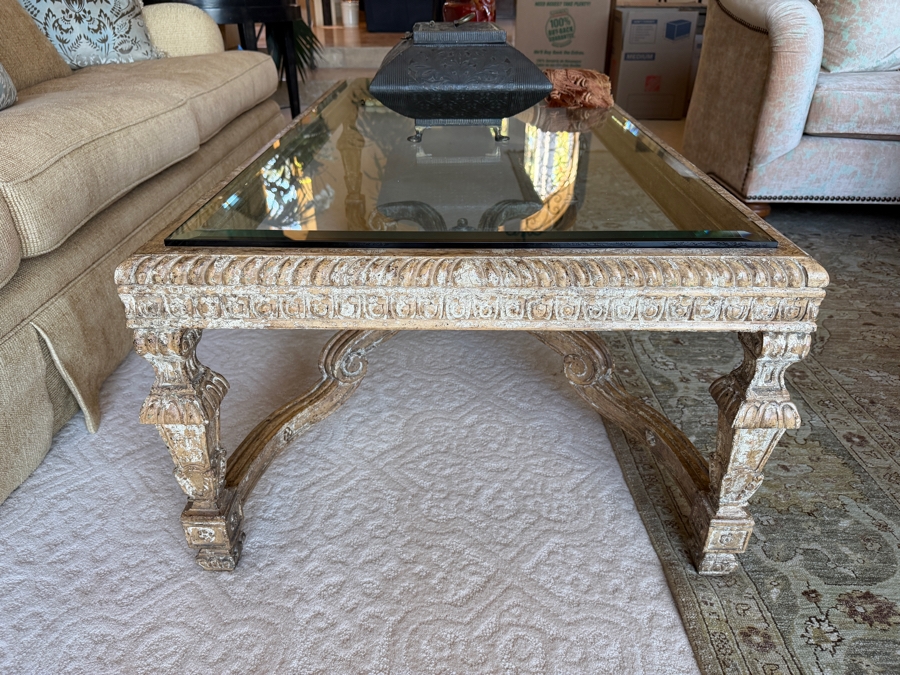 Baroque Style Glass Top Cocktail Table With Wooden Base 59W X 31D X 20.5H [Photo 7]